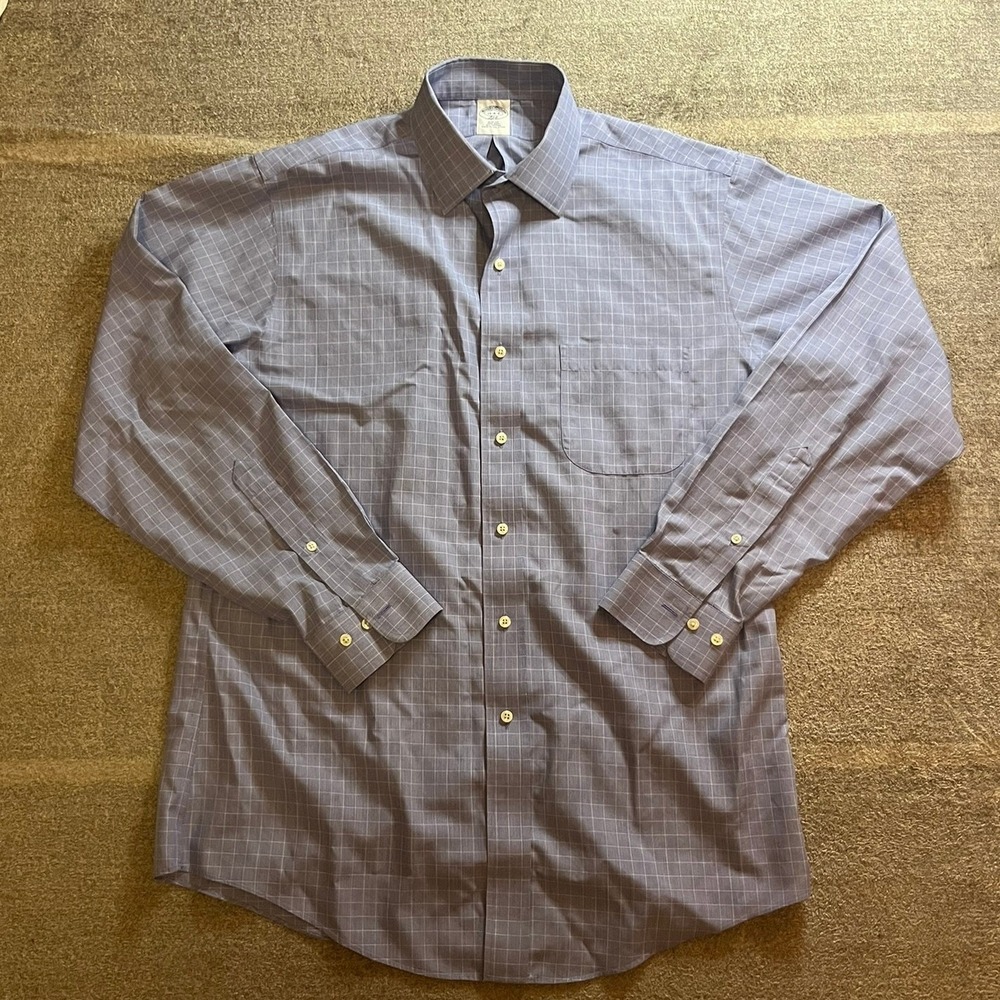 Brooks Brothers 346 Mens 16-4/5 Slim Fit Non-Iron Cotton Blue Check Dress Shirt